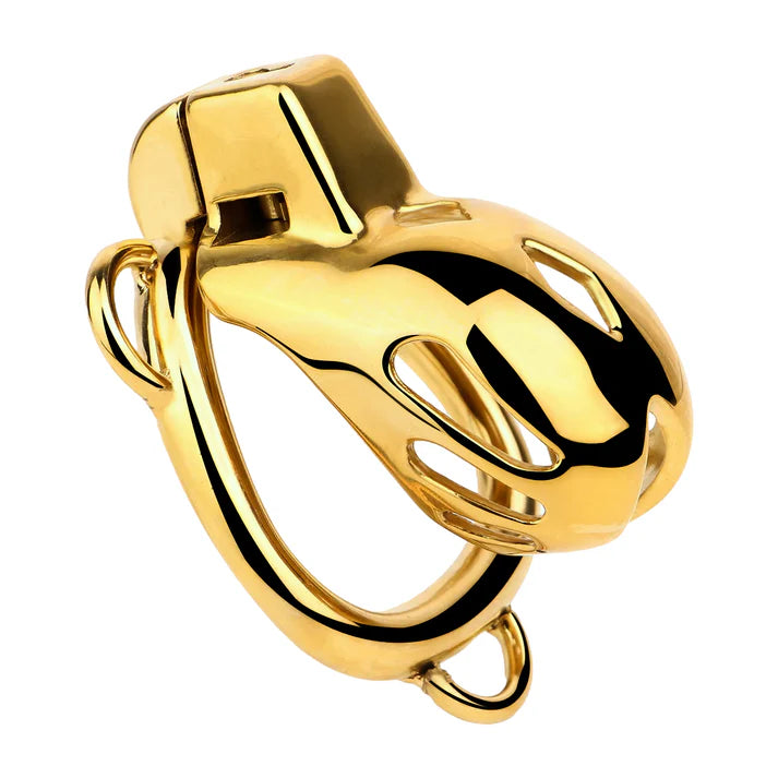 Cage de chasteté premium cobra dorée en métal avec ceinture plug anal amovible