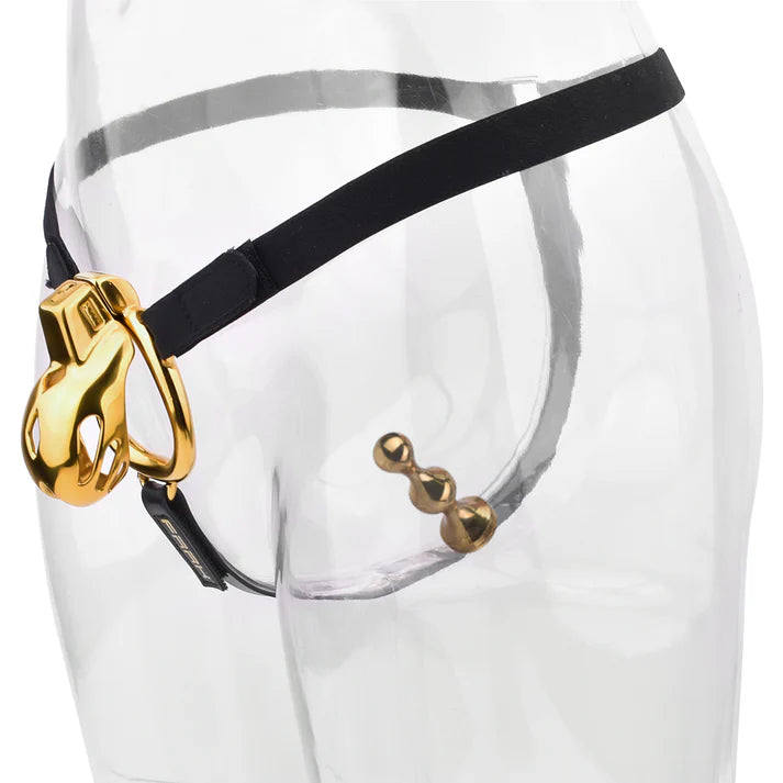 Cage de chasteté premium cobra dorée en métal avec ceinture plug anal amovible