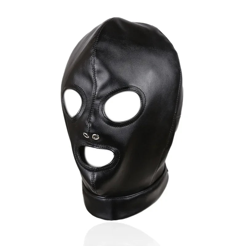 Cagoule BDSM ouverture yeux bouche cuir pu