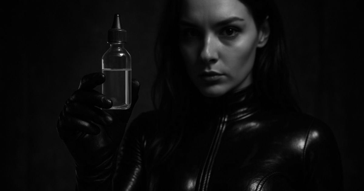 Femme en combinaison de latex noire tenant un flacon de lubrifiant