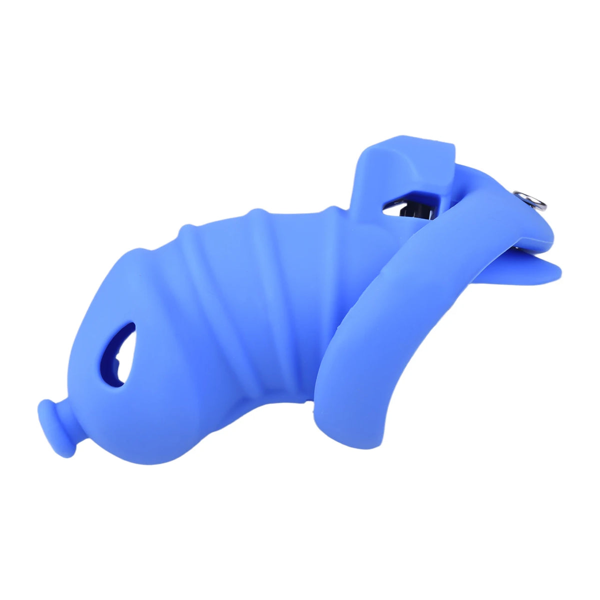 Cage de chastete cotelee en silicone bleu avec ceinture 