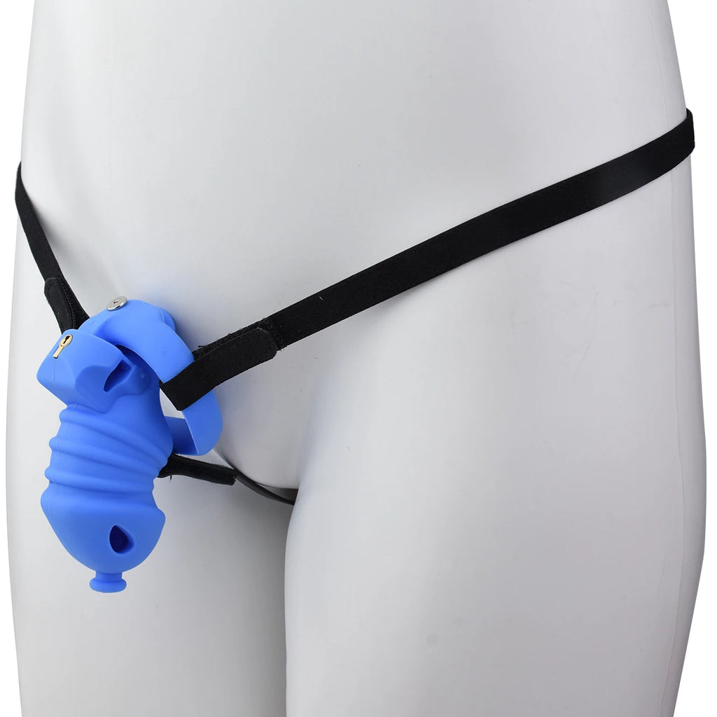 Cage de chastete cotelee en silicone bleu avec ceinture 