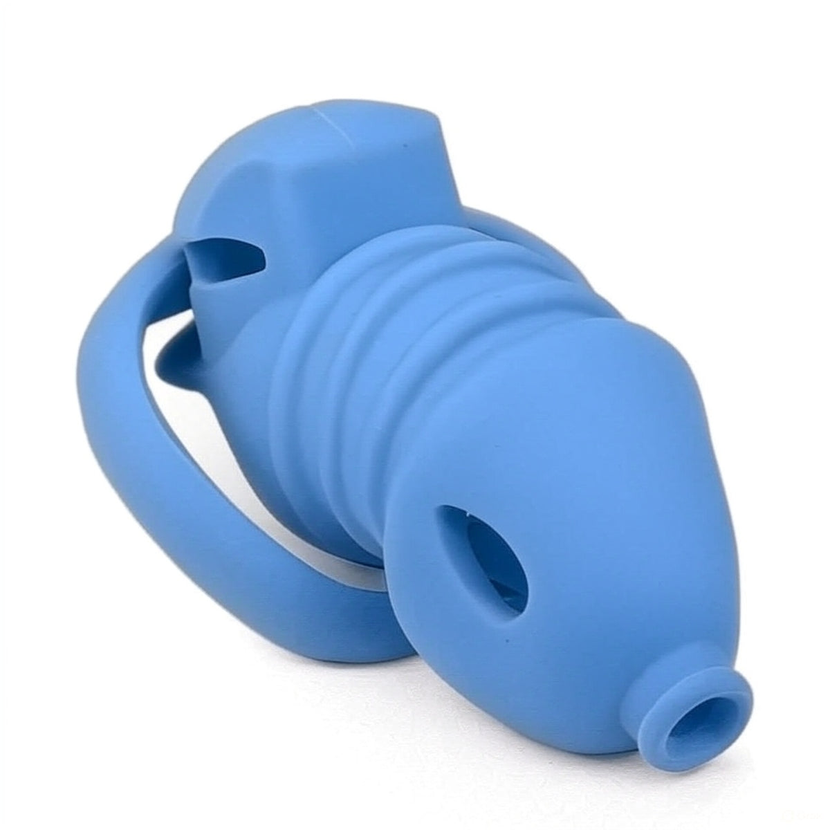 Cage de chastete cotelee en silicone bleu avec ceinture 