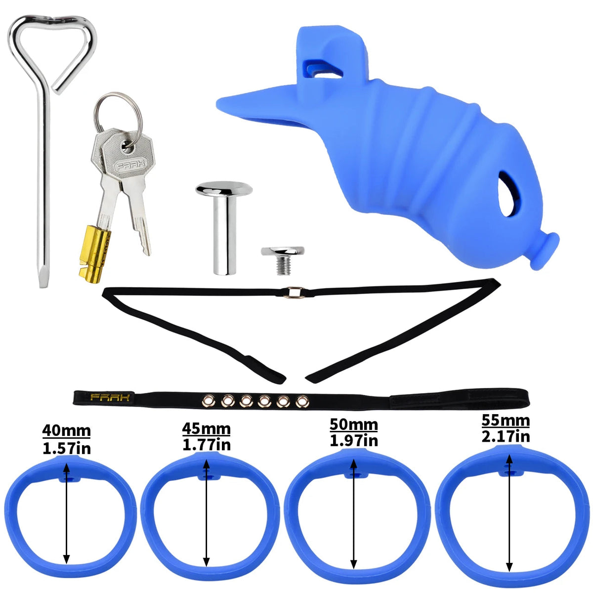 Cage de chastete cotelee en silicone bleu avec ceinture 
