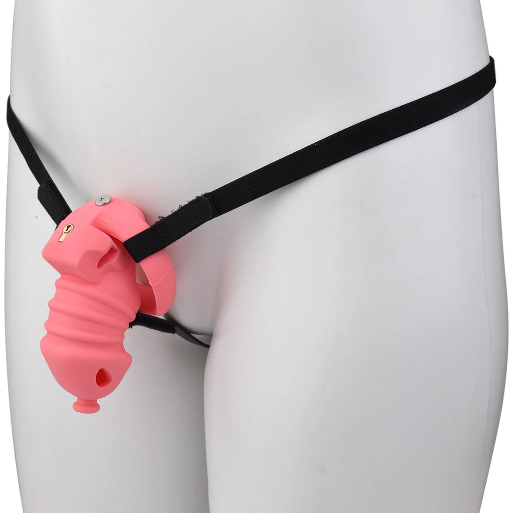 Cage de chastete cotelee en silicone corail avec ceinture 