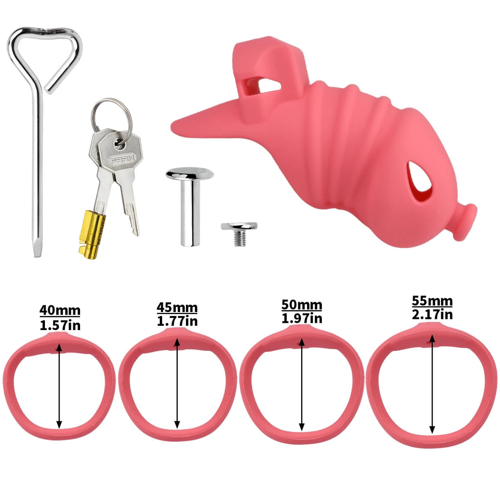 Cage de chastete cotelee en silicone corail avec ceinture 