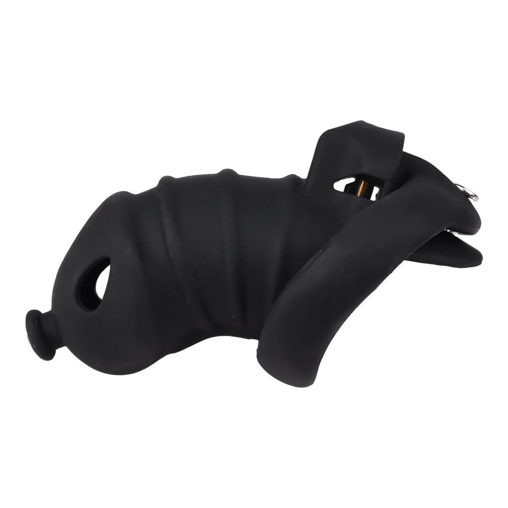 Cage de chastete cotelee en silicone noir avec ceinture 