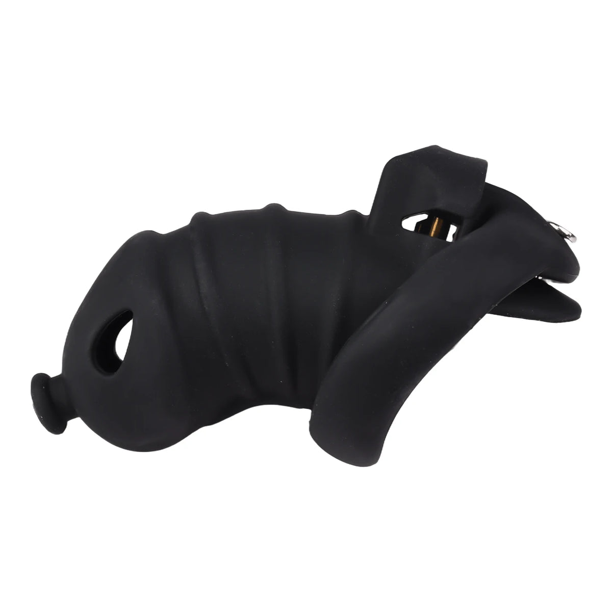 Cage de chastete cotelee en silicone noir avec ceinture 