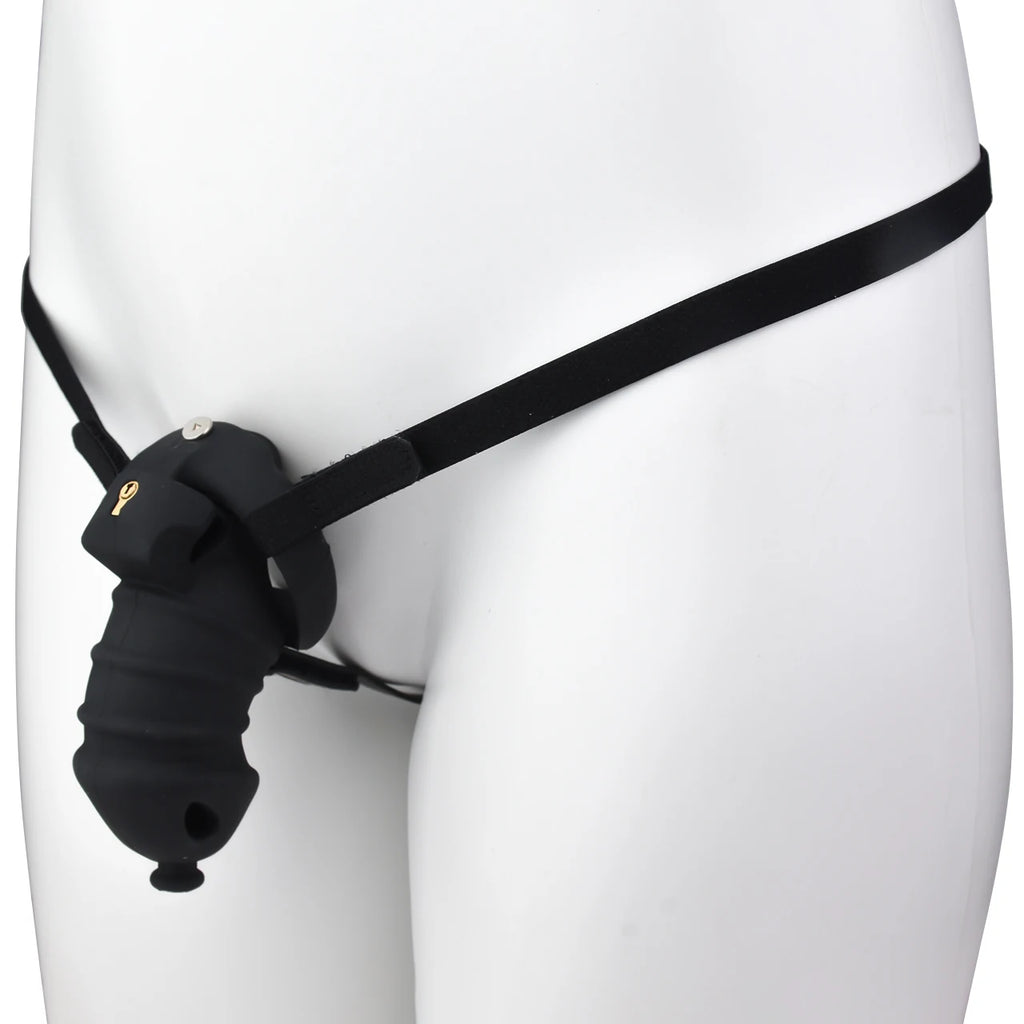 Cage de chastete cotelee en silicone noir avec ceinture 