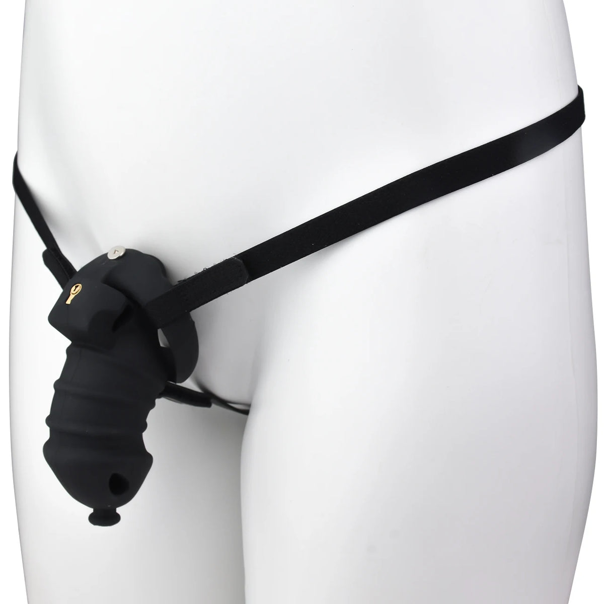 Cage de chastete cotelee en silicone noir avec ceinture 