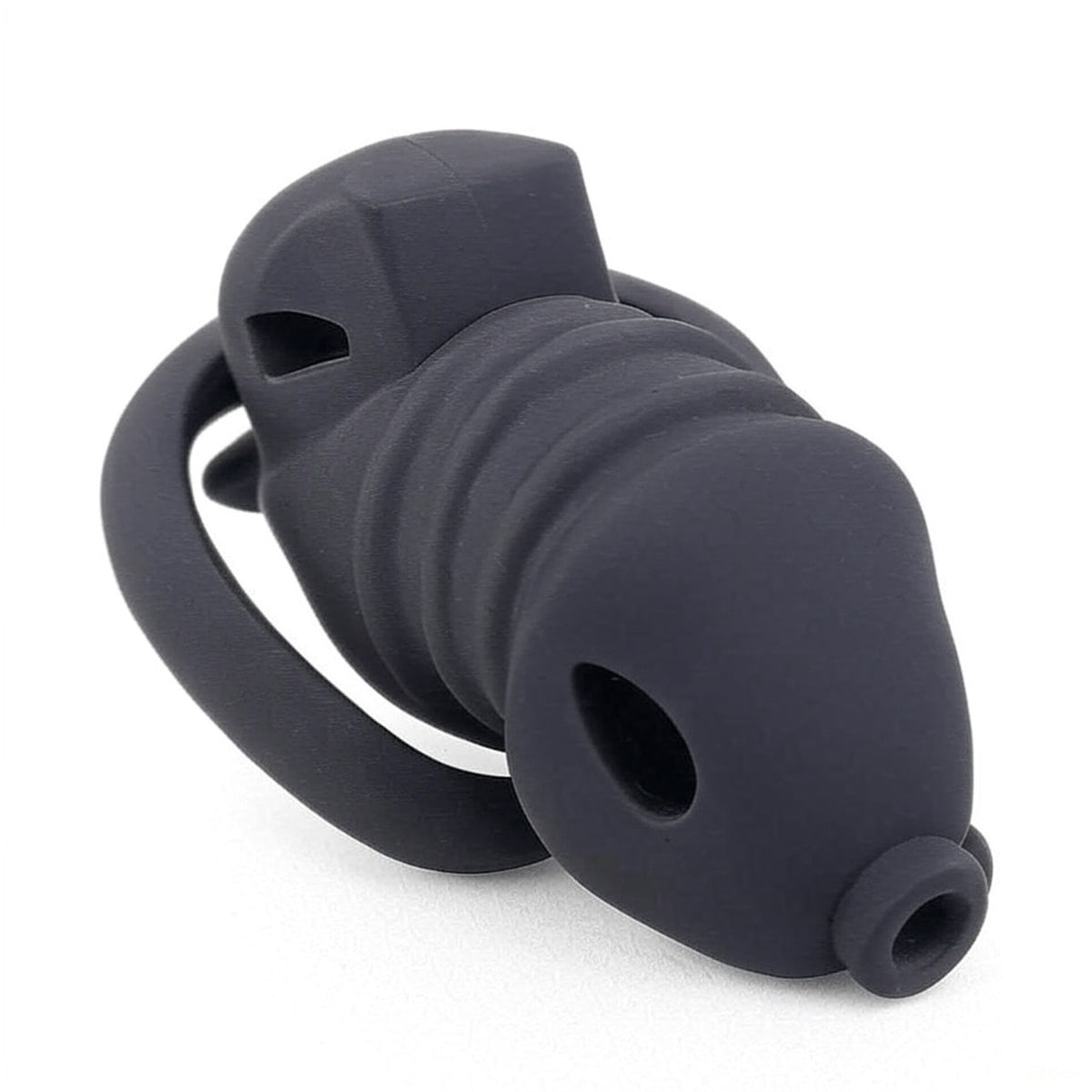 Cage de chastete cotelee en silicone noir avec ceinture 