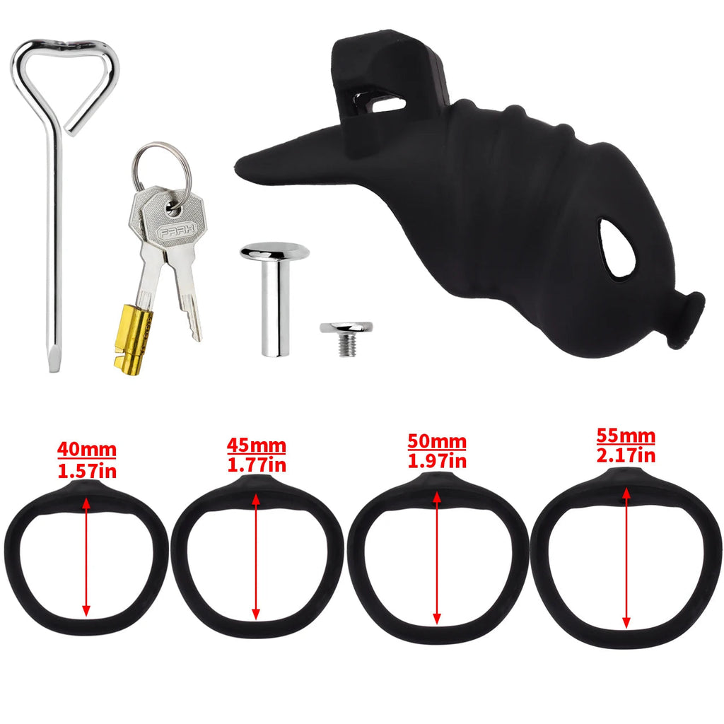 Cage de chastete cotelee en silicone noir avec ceinture 
