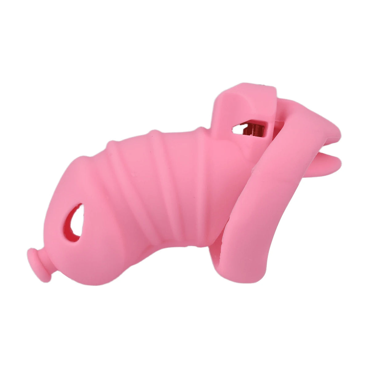 Cage de chastete cotelee en silicone rose avec ceinture 