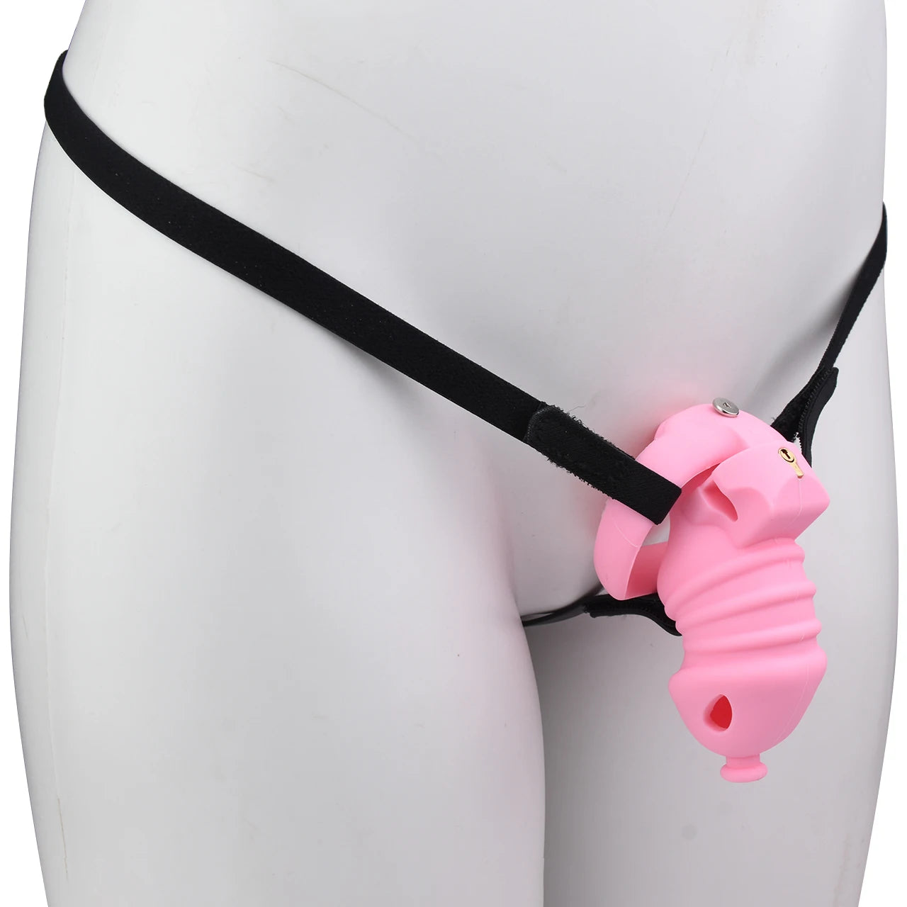 Cage de chastete cotelee en silicone rose avec ceinture 