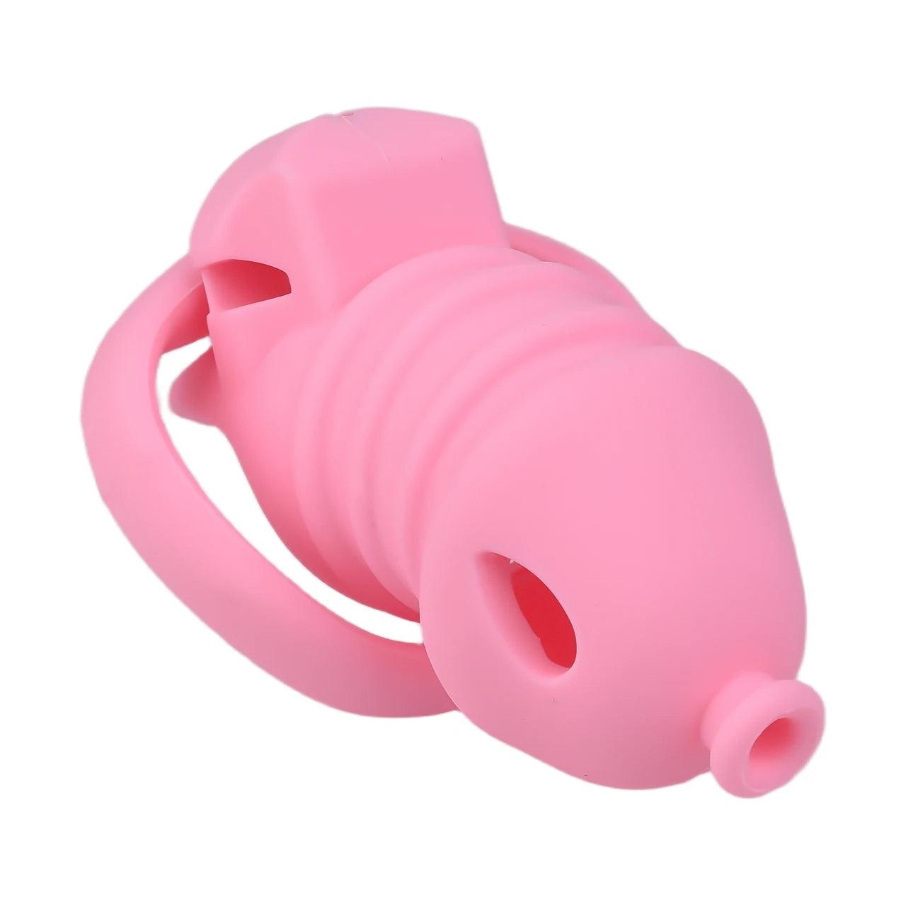 Cage de chastete cotelee en silicone rose avec ceinture 
