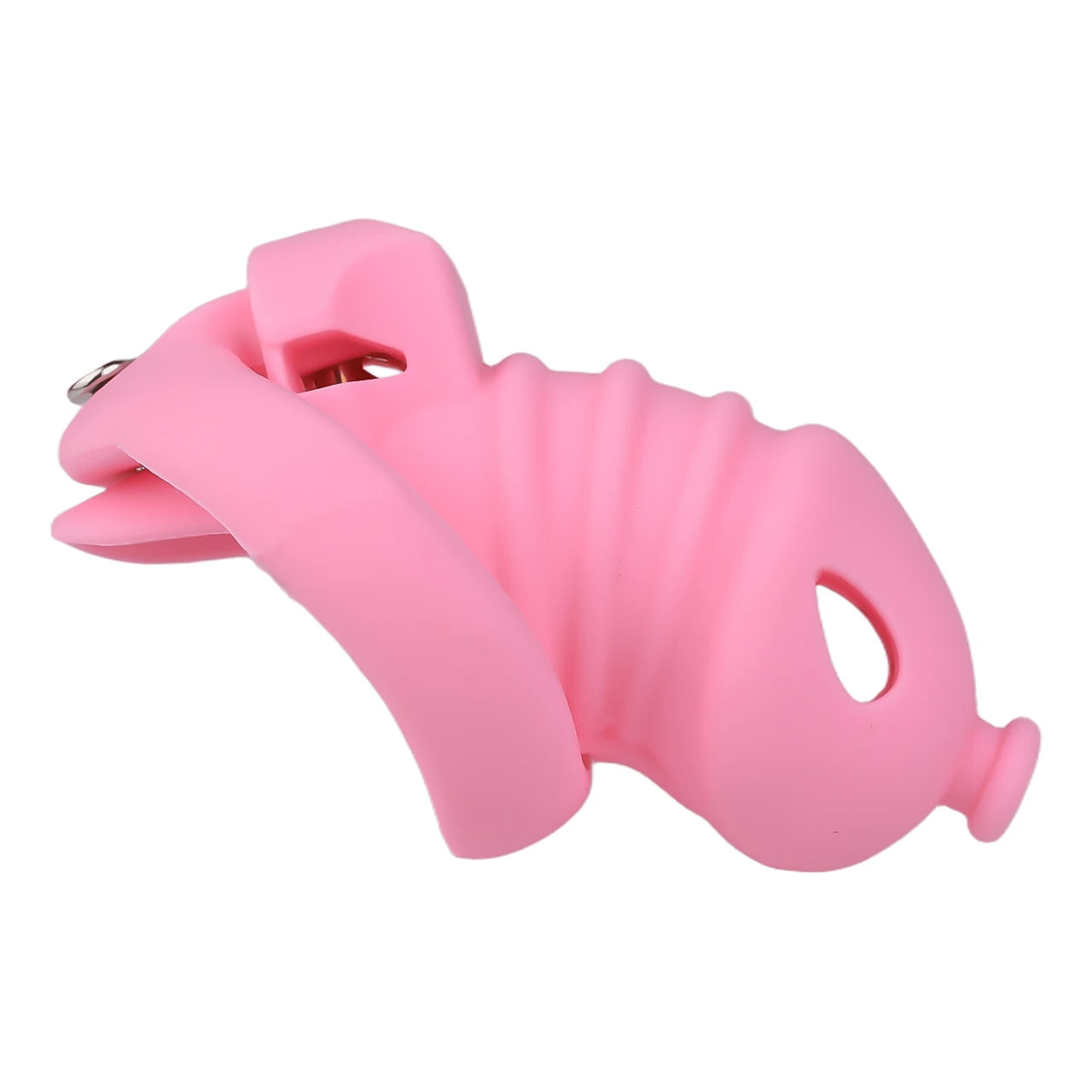Cage de chastete cotelee en silicone rose avec ceinture 