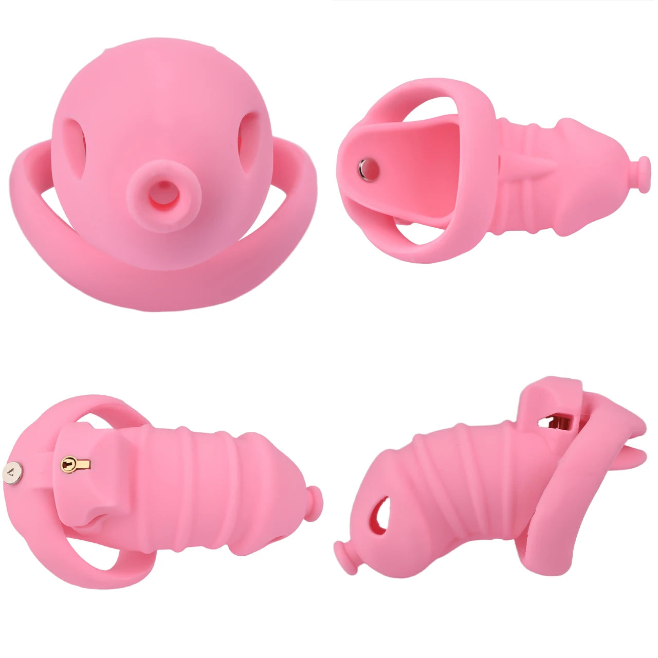 Cage de chastete cotelee en silicone rose avec ceinture 
