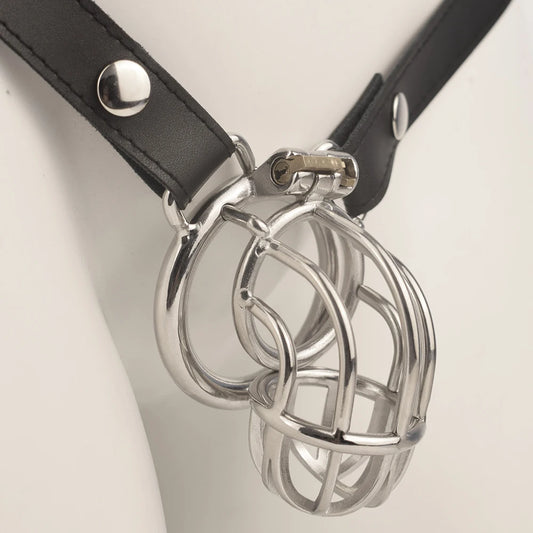 Cage de chastete courbee en metal avec ceinture amovible