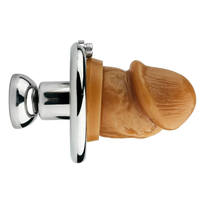 Inverted Metal Chastity Cage with Removable Colored Silicone Dildo