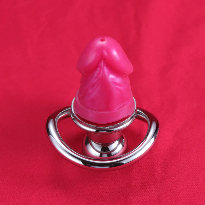 Inverted Metal Chastity Cage with Removable Colored Silicone Dildo