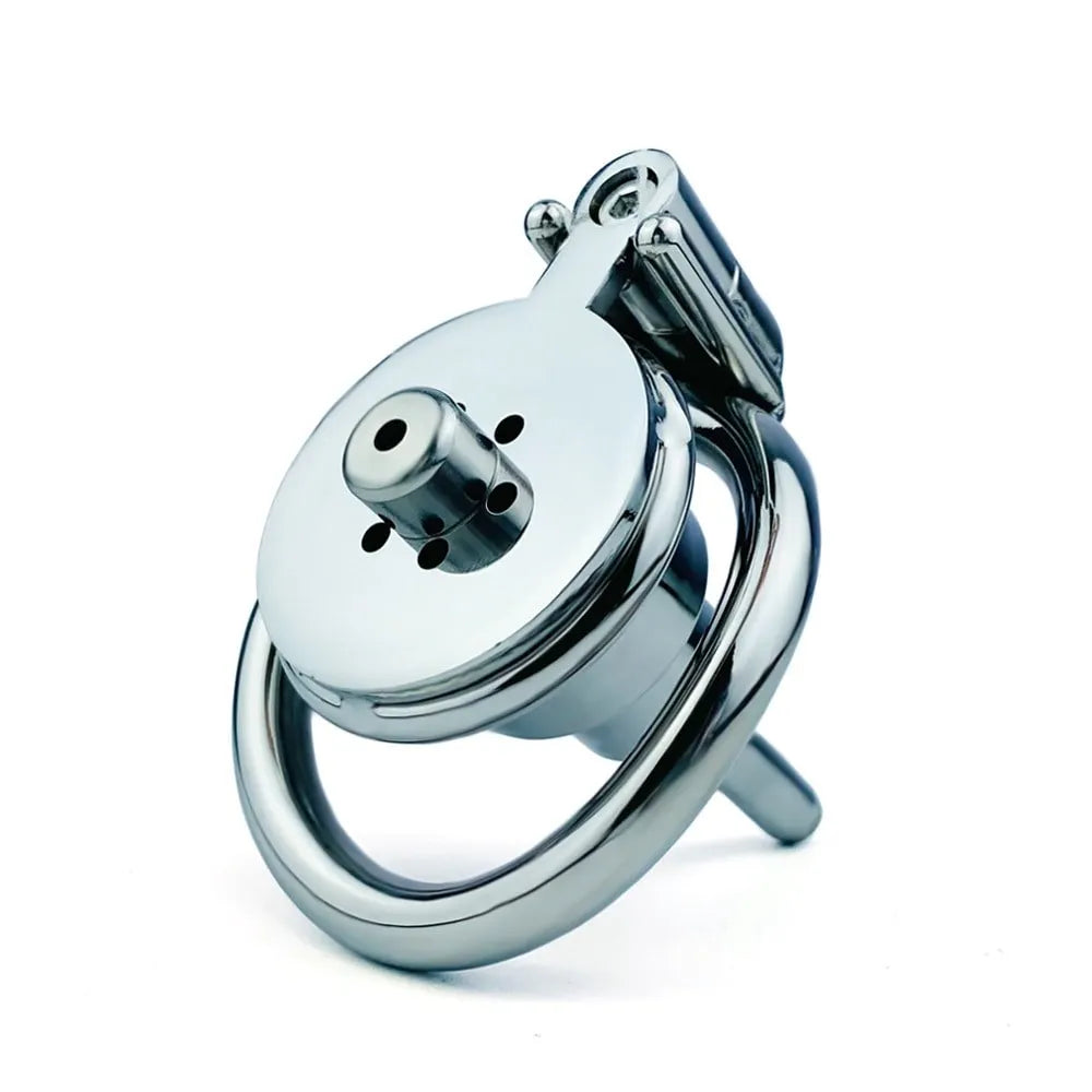 Cage de chastete inversee en metal avec plug d'uretre amovible