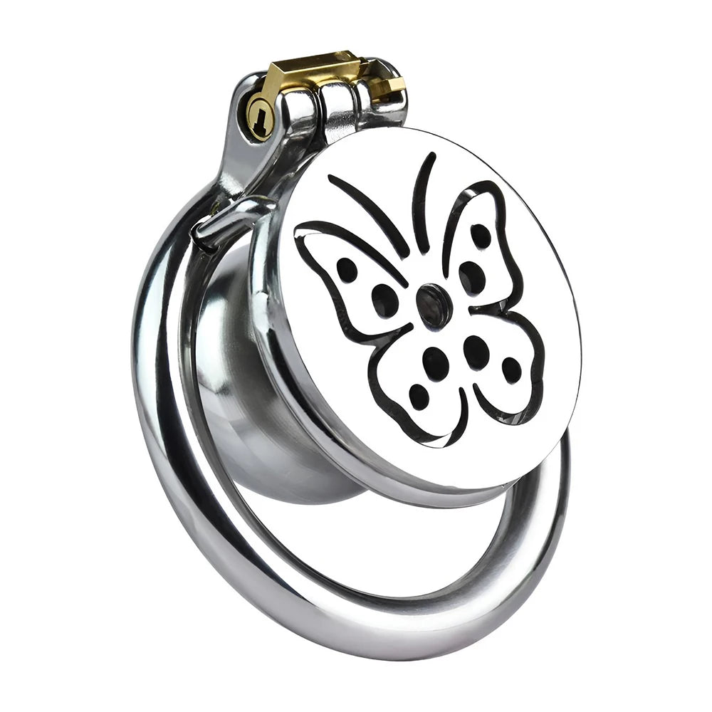 Cage de chastete negative en metal motif papillon avec plug d'uretre amovible