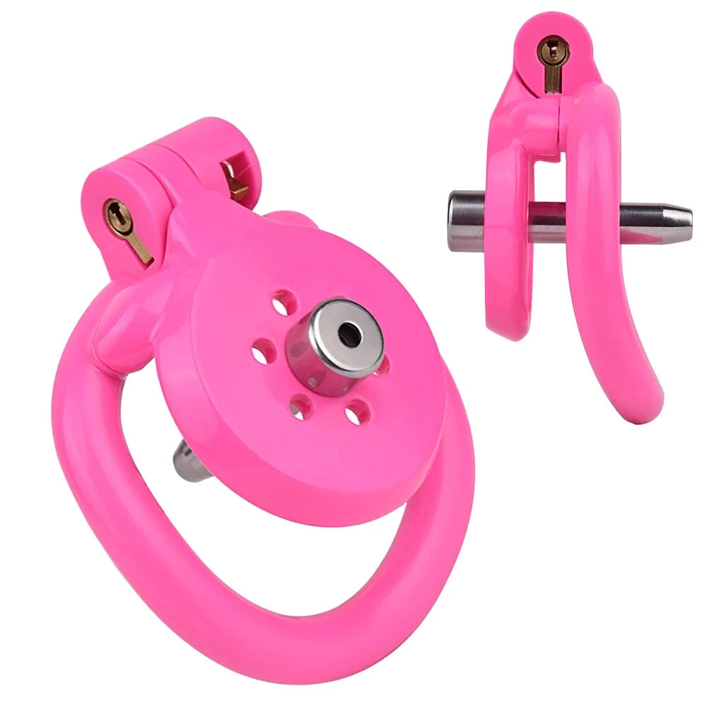 Cage de chastete plate en plastique rose avec plug d'uretre amovible