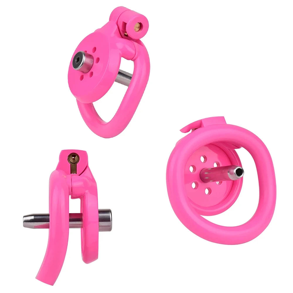 Cage de chastete plate en plastique rose avec plug d'uretre amovible
