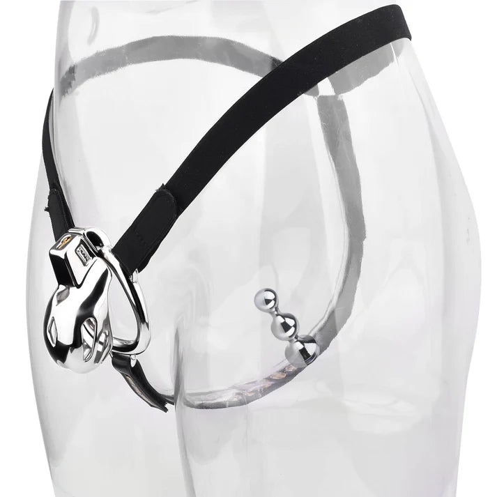 Cage de Chasteté Cobra premium argentée avec Ceinture et plug anal amovible