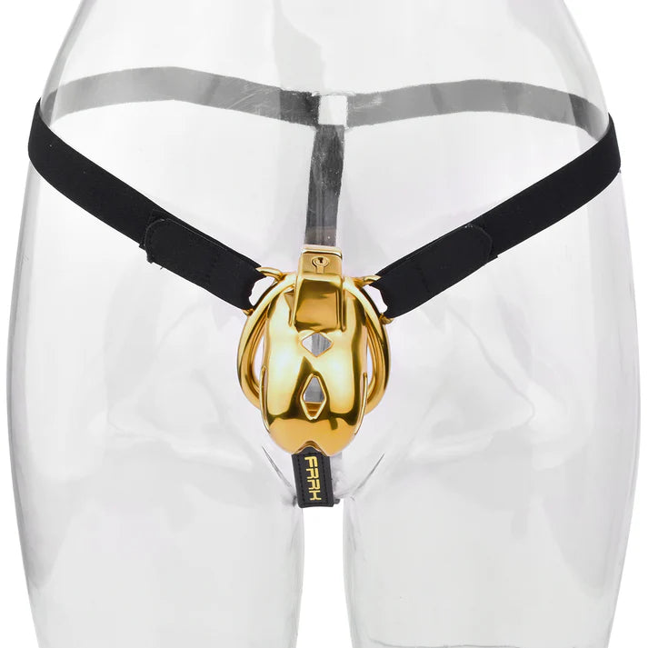 Cage de chasteté premium cobra dorée en métal avec ceinture plug anal amovible