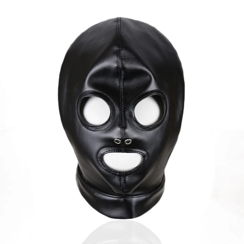Cagoule BDSM ouverture yeux bouche cuir pu 2