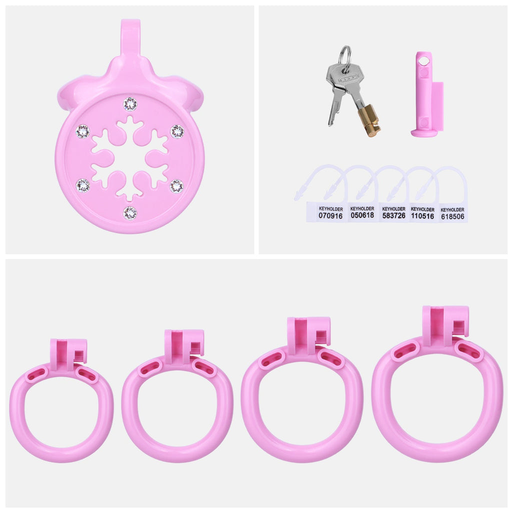 Cage de chasteté plate Flocon Scintillant en résine rose avec strass et flocon