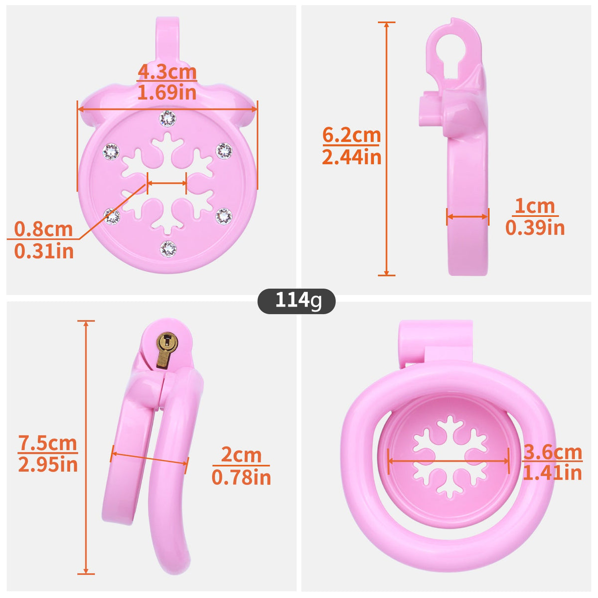 Cage de chasteté plate Flocon Scintillant en résine rose avec strass et flocon