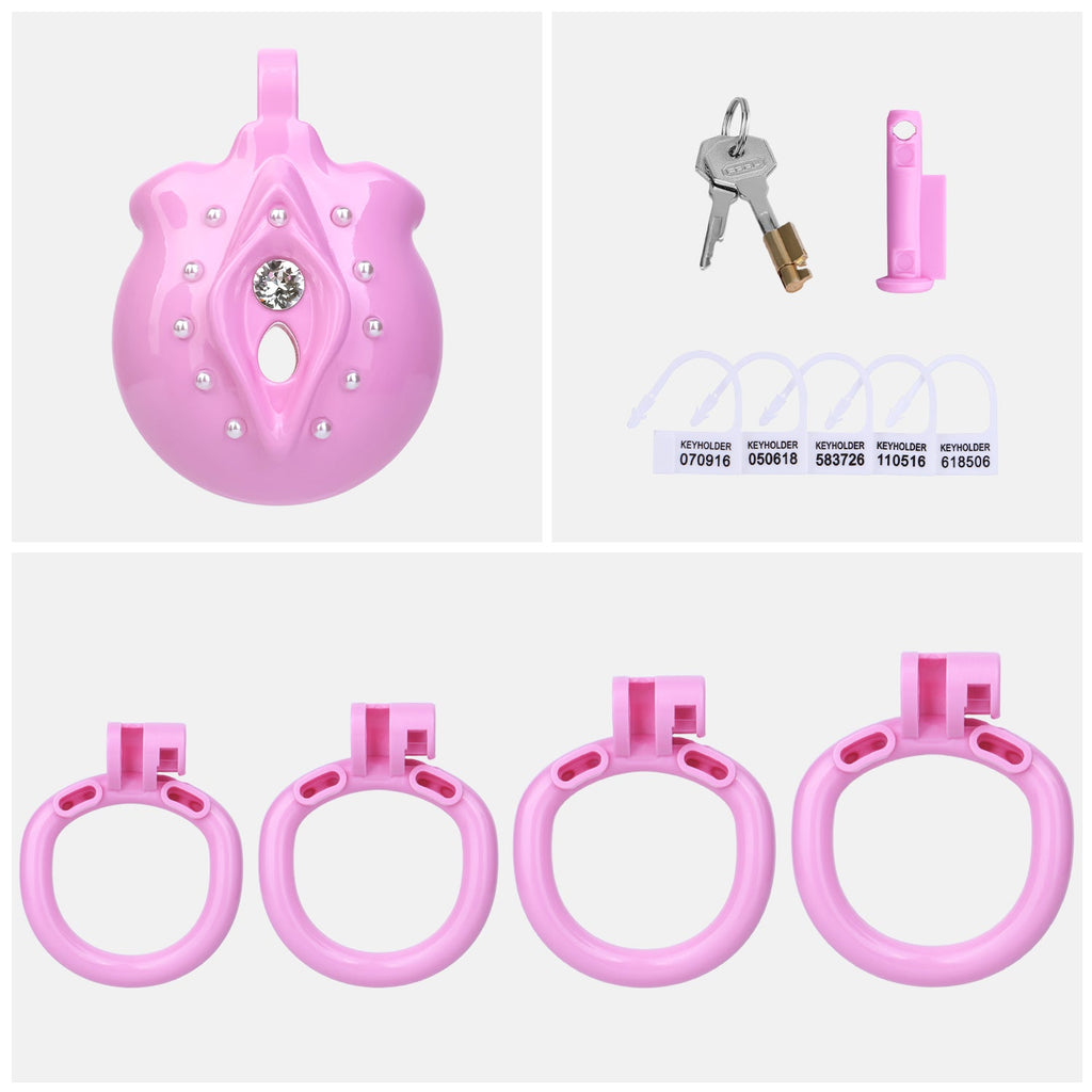 Cage de chasteté inversée Minou Scintillant en résine rose avec strass et perles