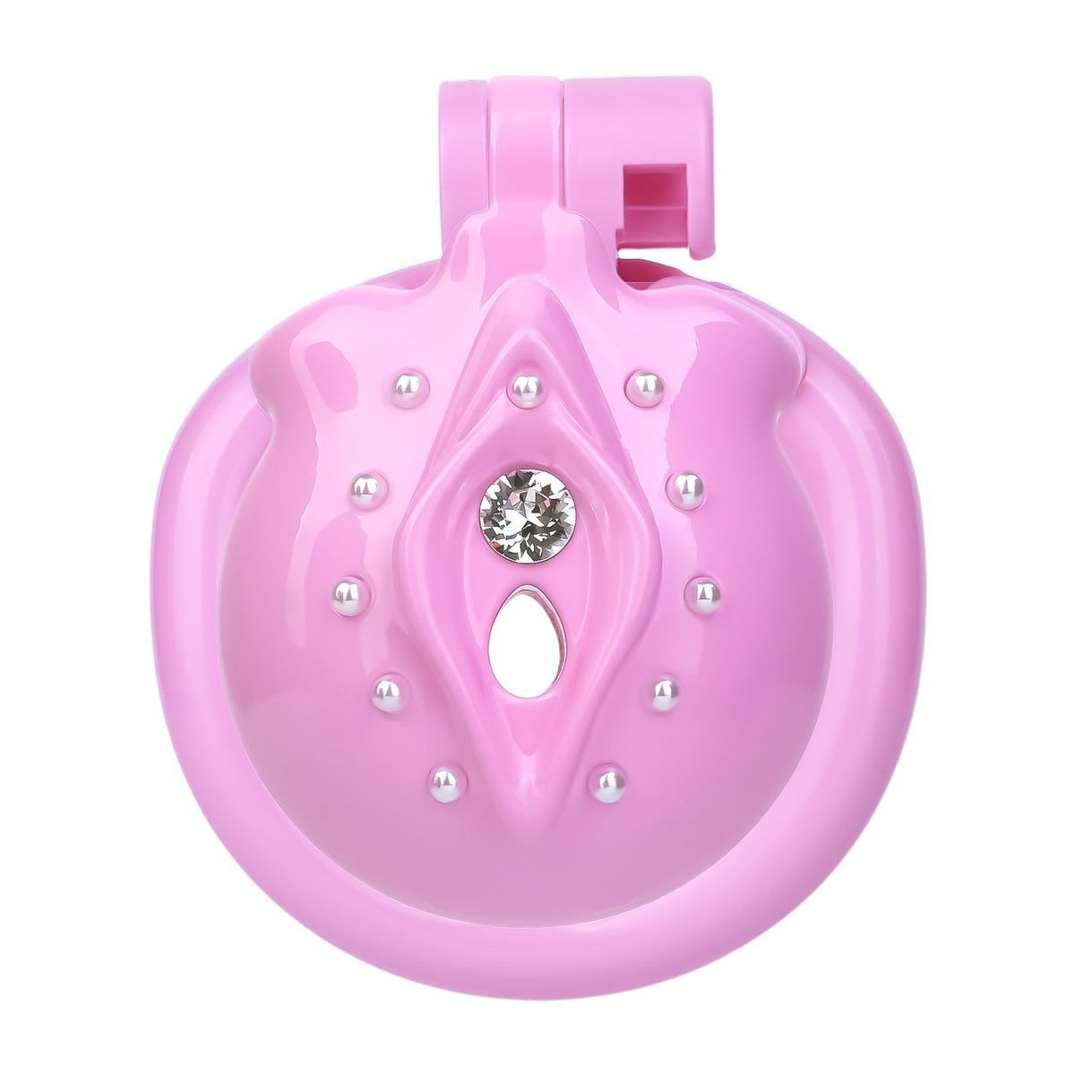 Cage de chasteté inversée Minou Scintillant en résine rose avec strass et perles