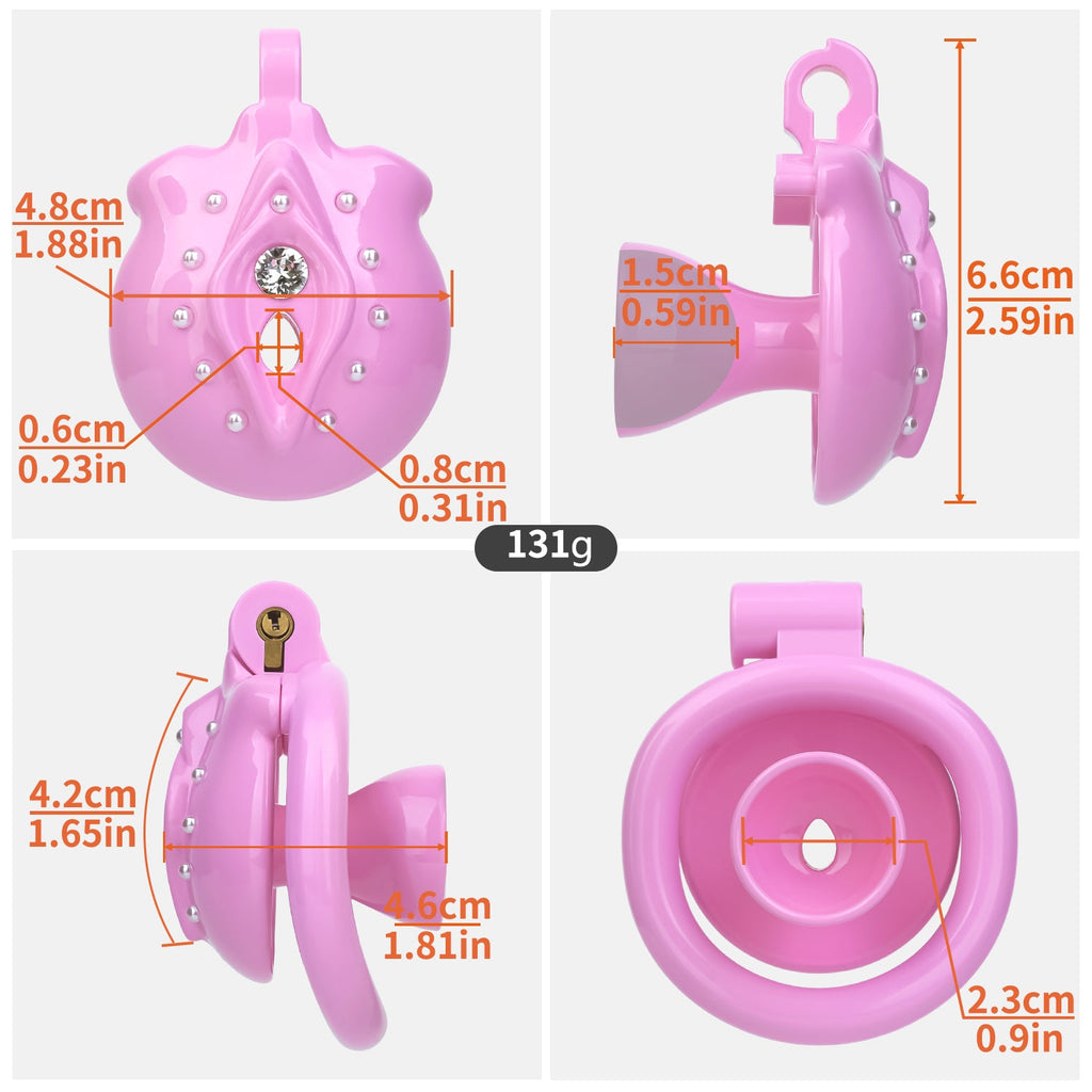 Cage de chasteté inversée Minou Scintillant en résine rose avec strass et perles