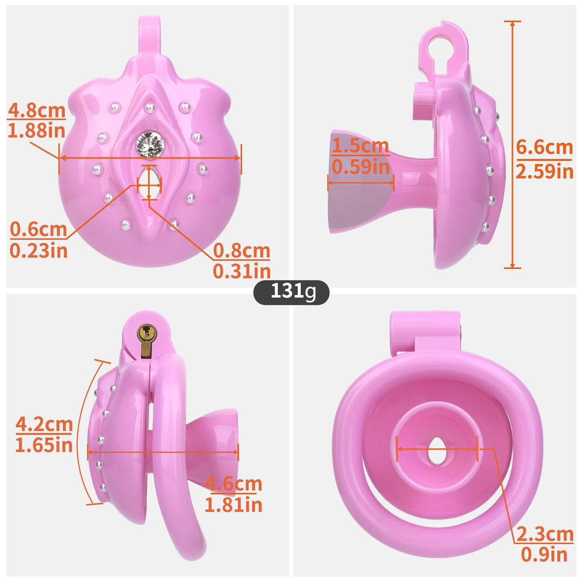 Cage de chasteté inversée Minou Scintillant en résine rose avec strass et perles