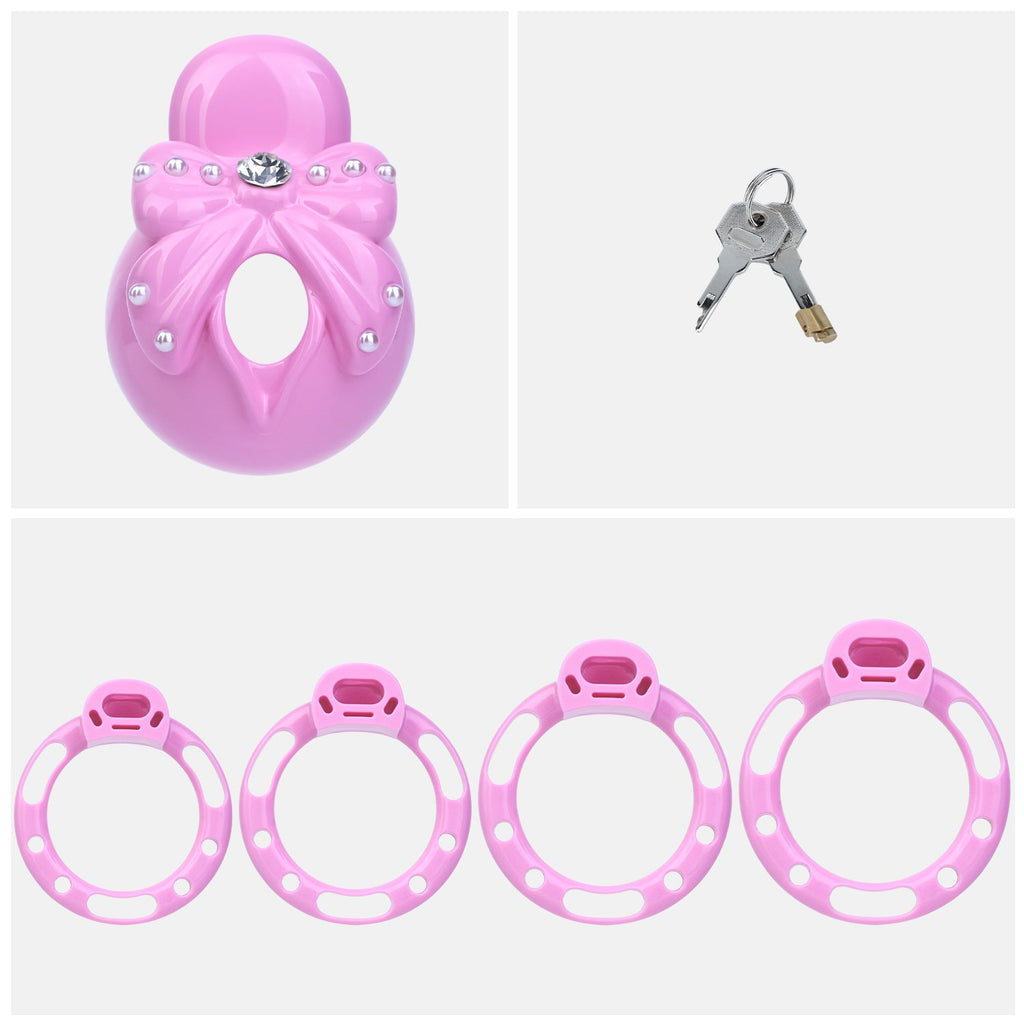 Cage de chasteté Nœud Scintillant en résine rose avec strass et perles nacrées