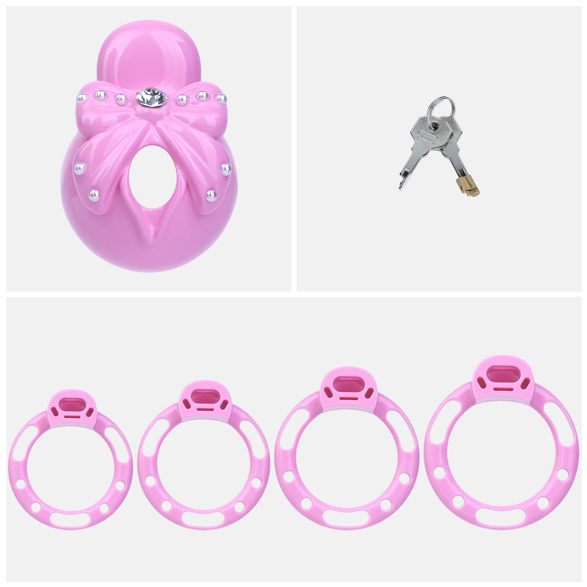 Cage de chasteté Nœud Scintillant en résine rose avec strass et perles nacrées