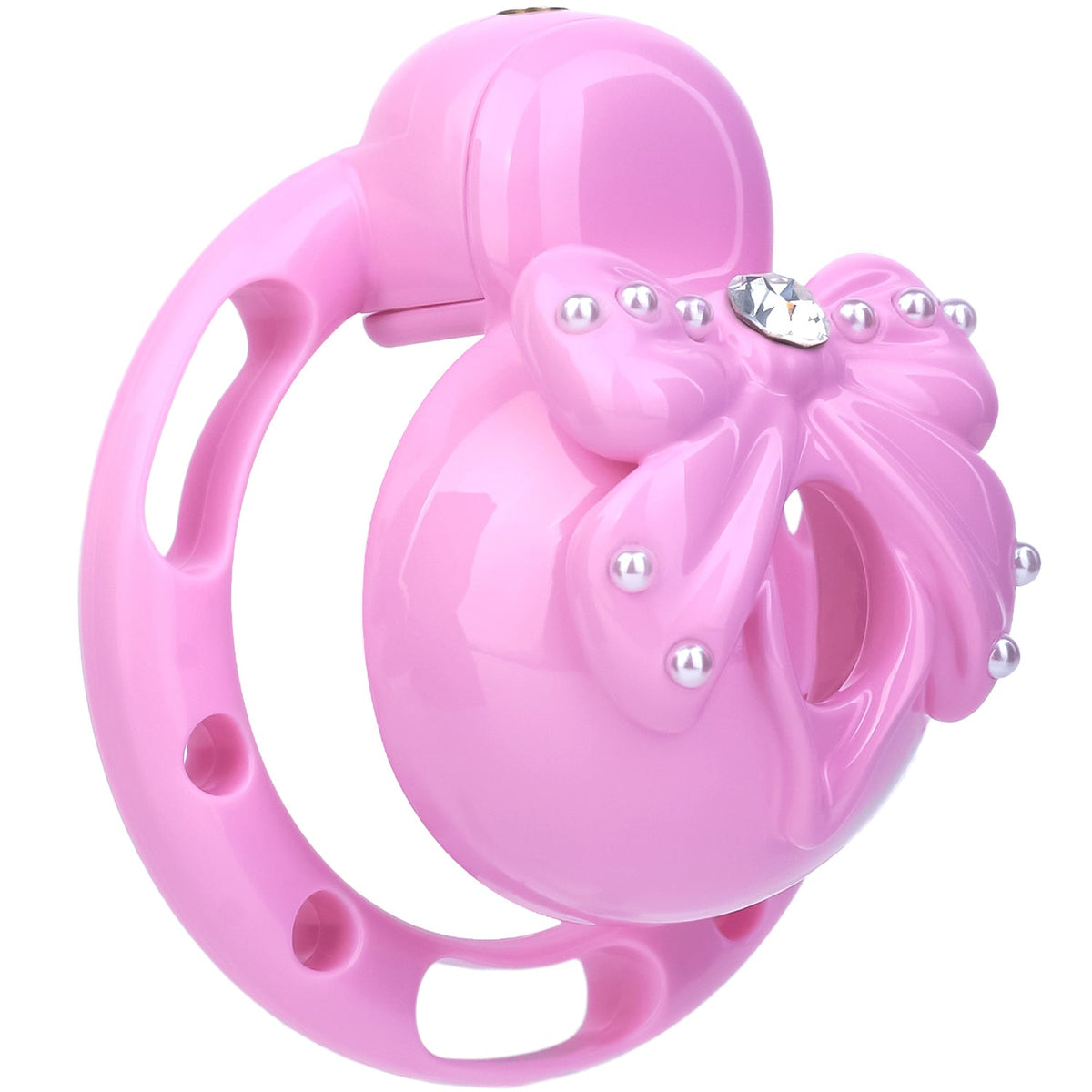 Cage de chasteté Nœud Scintillant en résine rose avec strass et perles nacrées