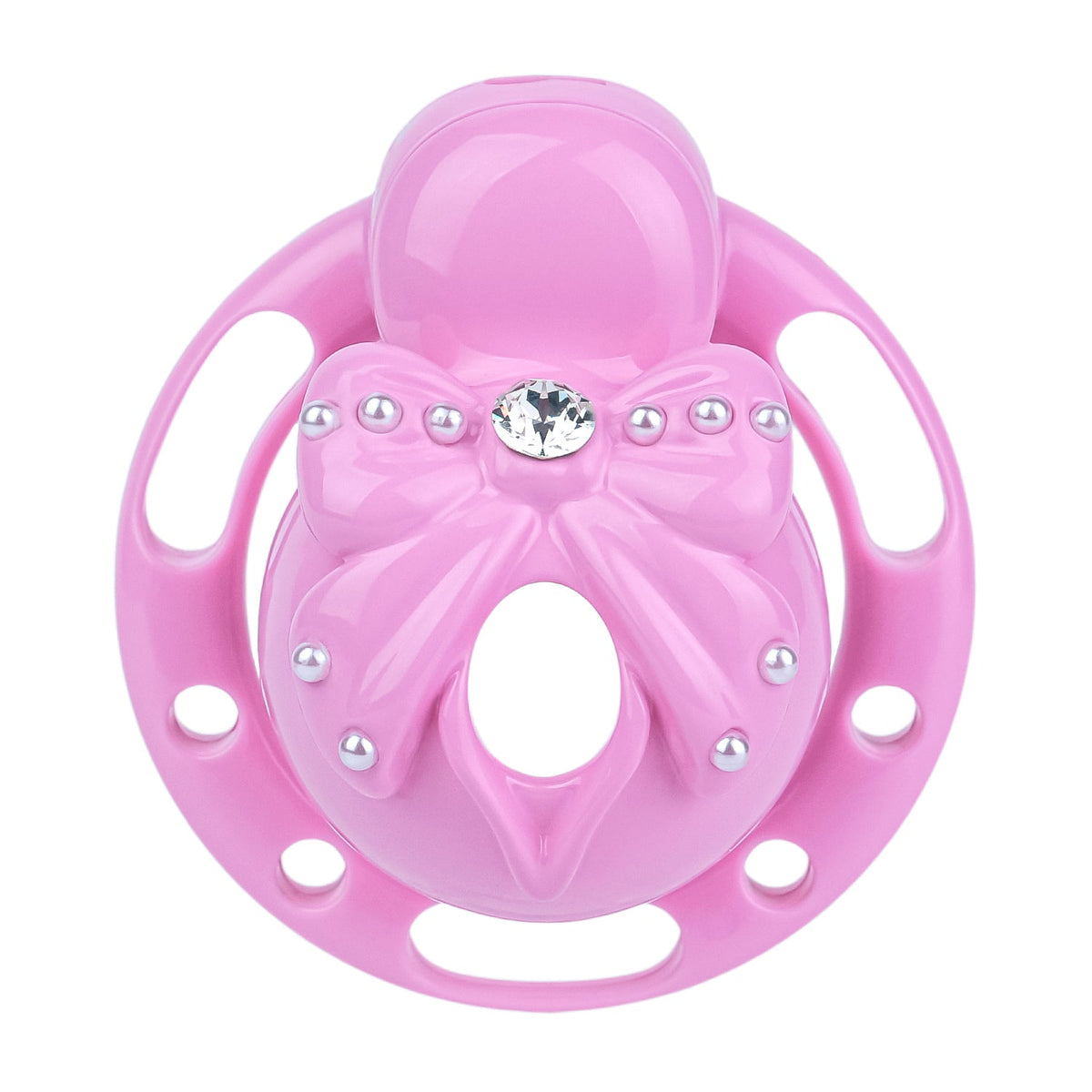 Cage de chasteté Nœud Scintillant en résine rose avec strass et perles nacrées