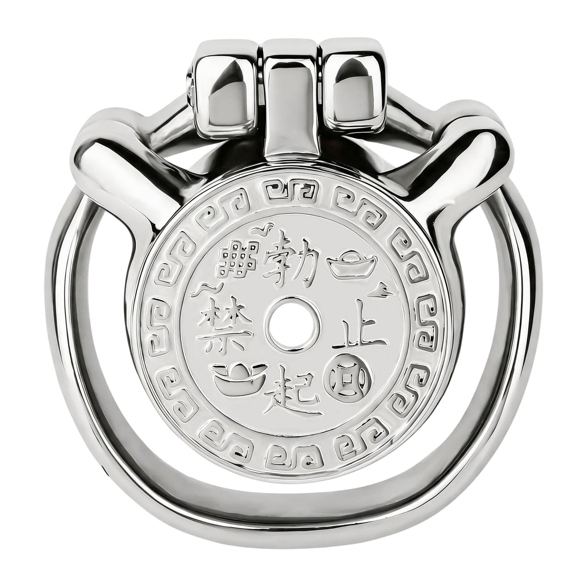 Cage de chasteté plate Mandarin en acier inoxydable avec gravures asiatiques