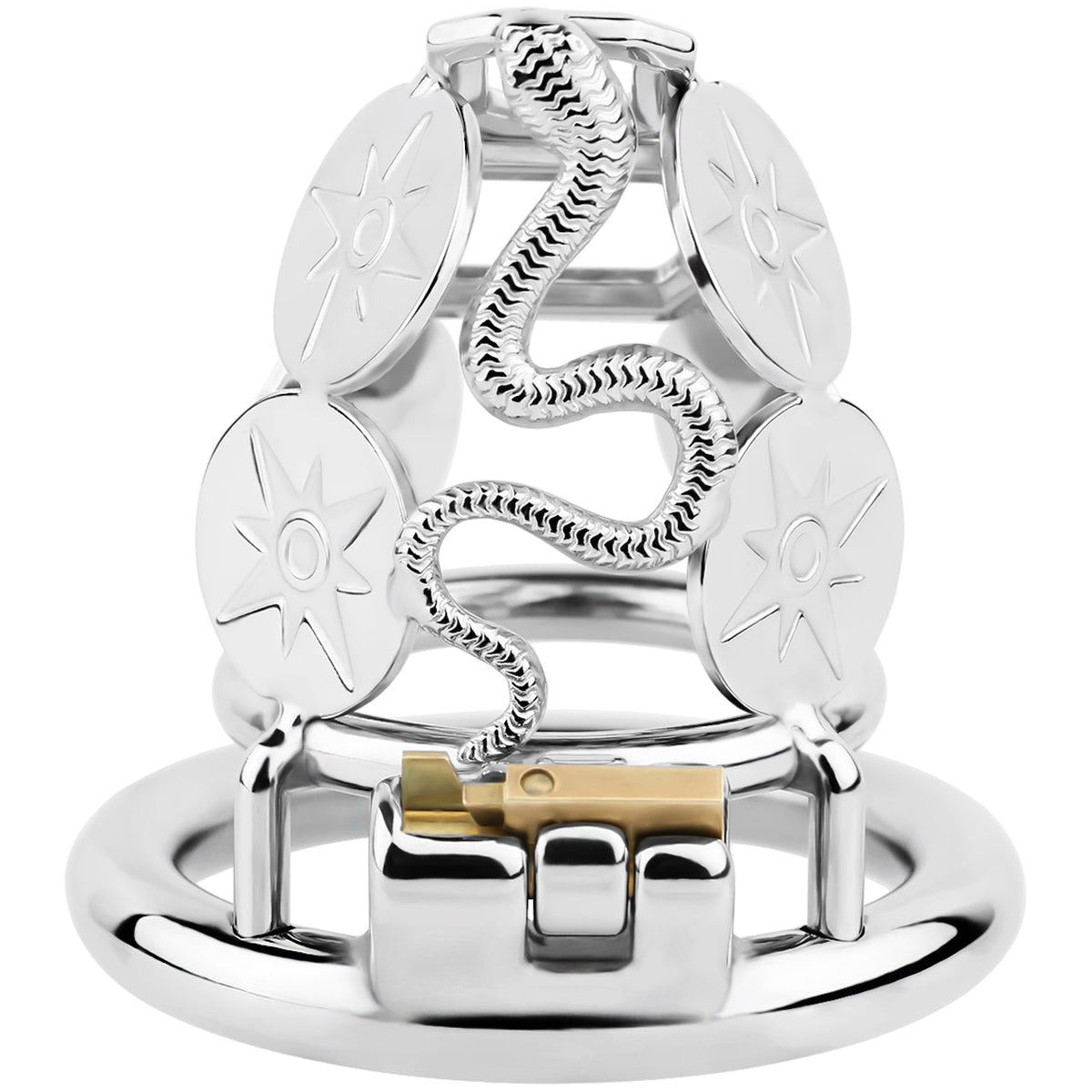 Cage de chasteté en métal Serpent Solaire avec disques solaires gravés et serpent en relief