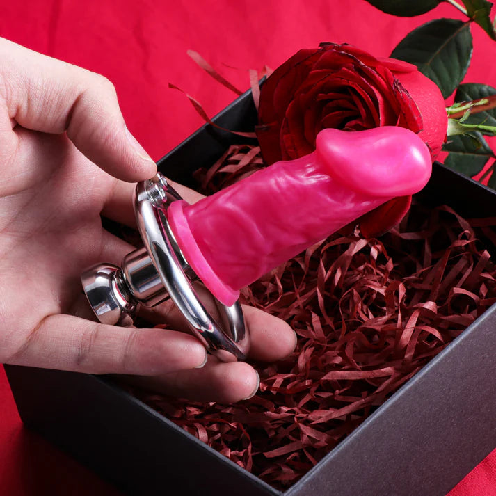 Inverted Metal Chastity Cage with Removable Colored Silicone Dildo