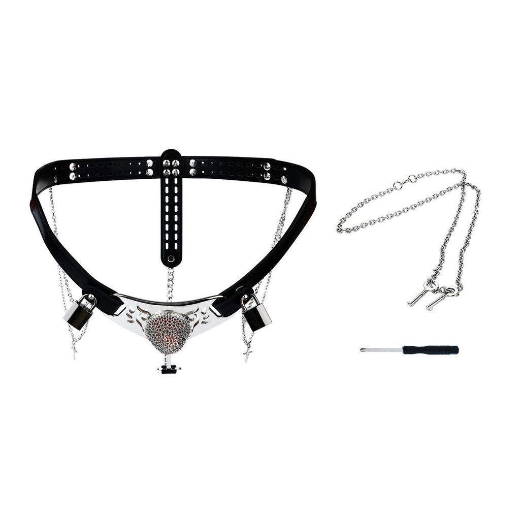 Ceinture de chasteté Cotte de Mailles pour homme en cuir noir et acier avec chaînes et cadenas