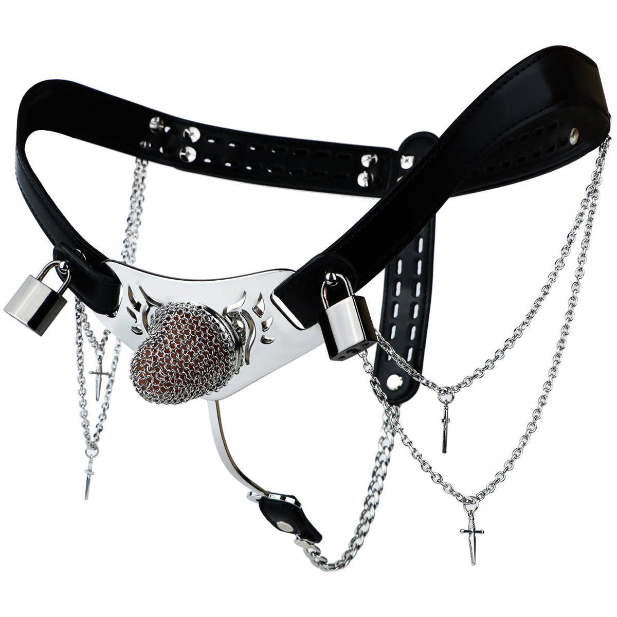 Ceinture de chasteté Cotte de Mailles pour homme en cuir noir et acier avec chaînes et cadenas