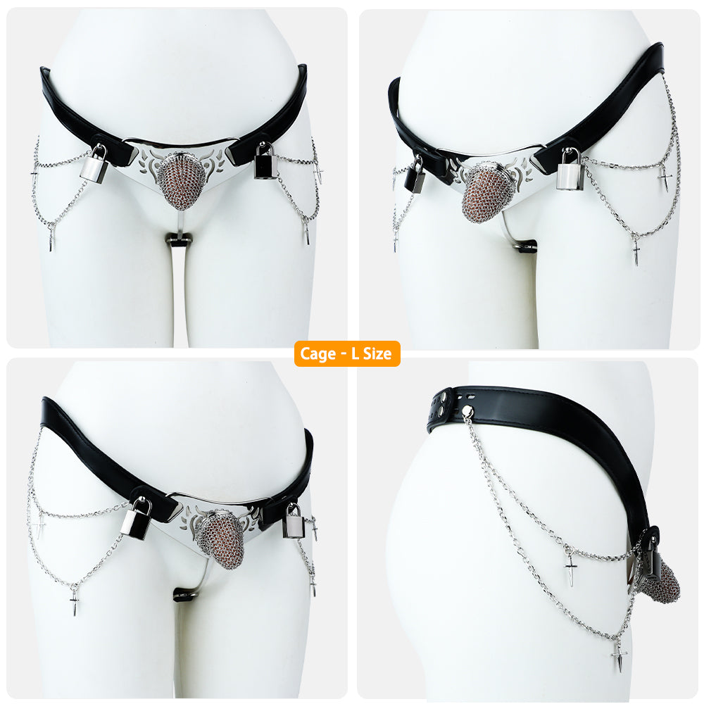 Ceinture de chasteté Cotte de Mailles pour homme en cuir noir et acier avec chaînes et cadenas