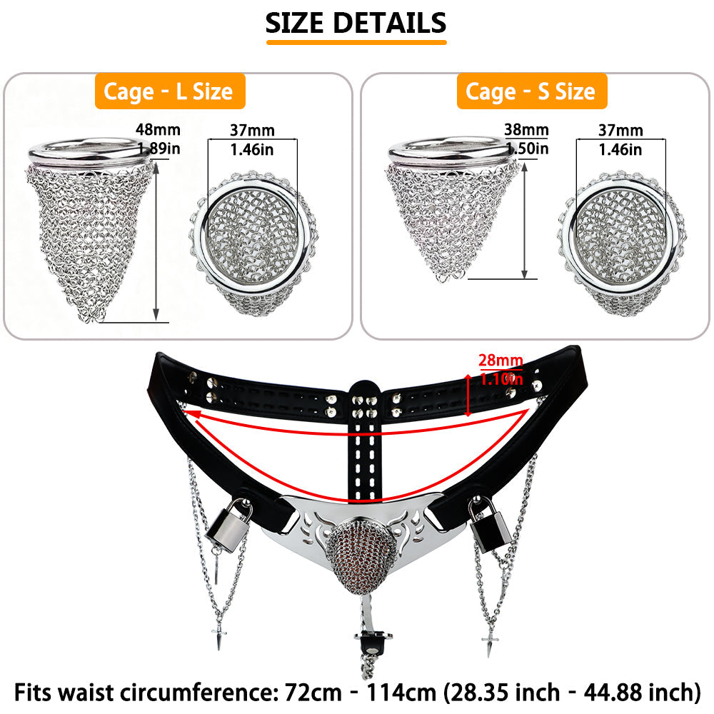Ceinture de chasteté Cotte de Mailles pour homme en cuir noir et acier avec chaînes et cadenas